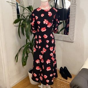 New POPSUGAR Black Floral Puff Sleeve Midi Dress L